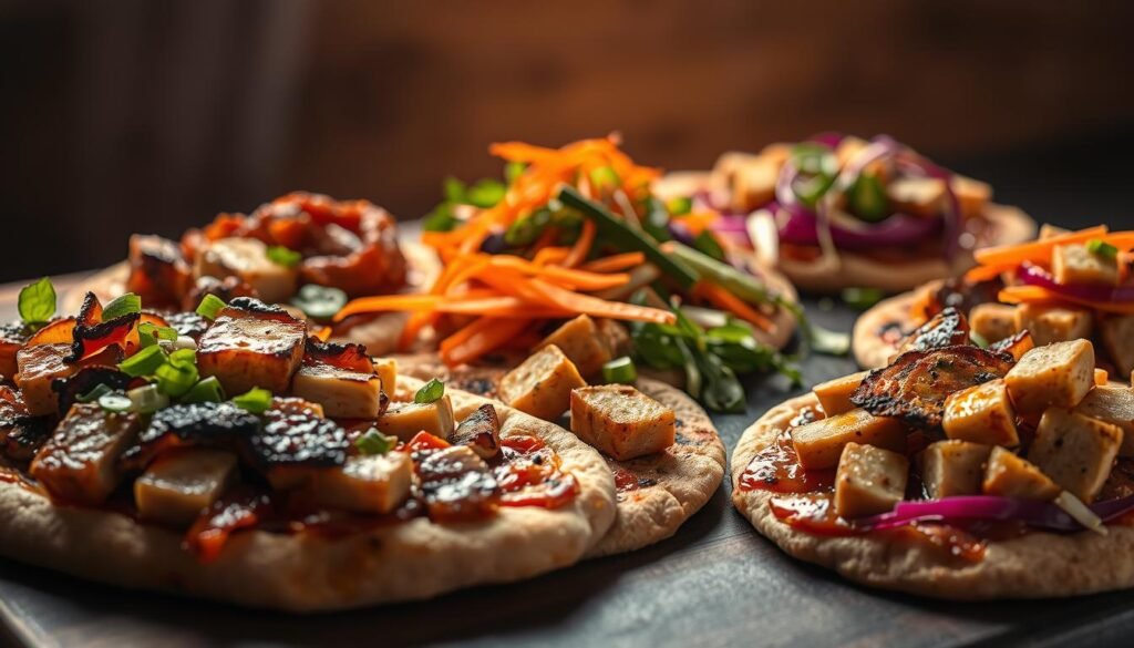 Asian-inspired flatbread pizzas protein toppings