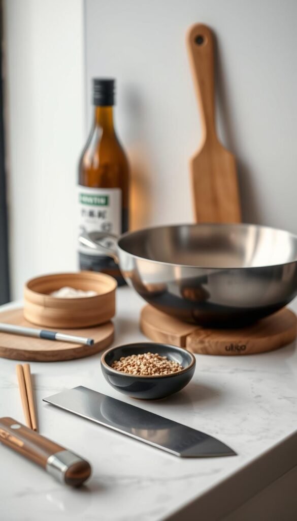 Kitchen tools for salmon prepared in asian style