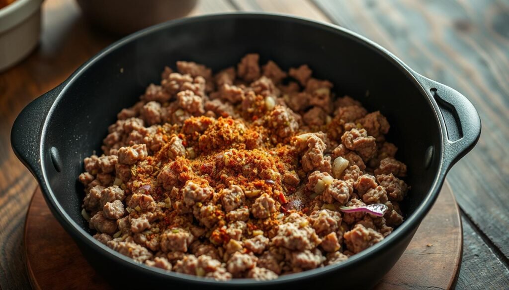 Seasoning Ground Beef for Taco Pasta
