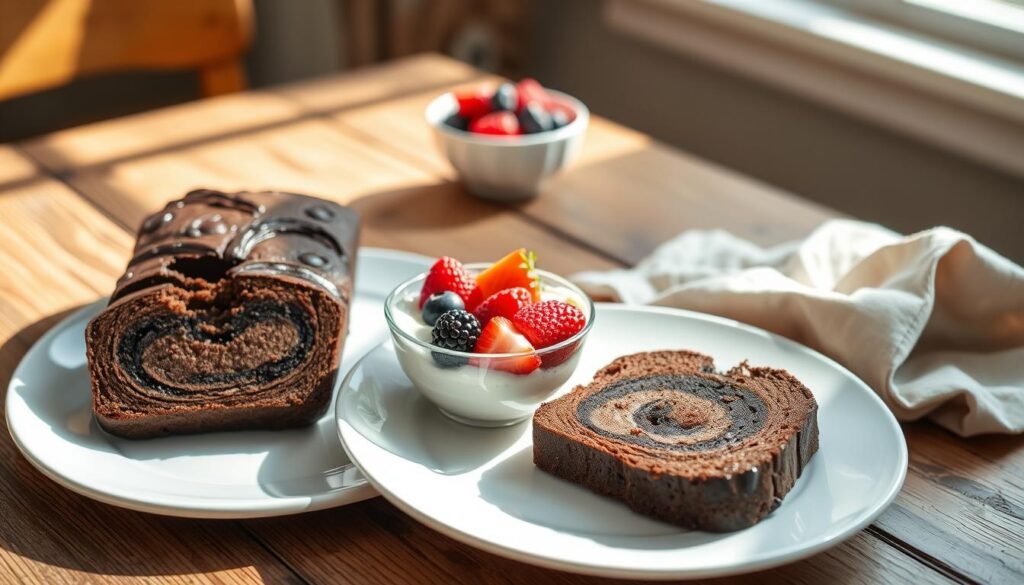 Healthy Chocolate Banana Bread served with yogurt and berries Healthy Chocolate Banana Bread served with yogurt and berries