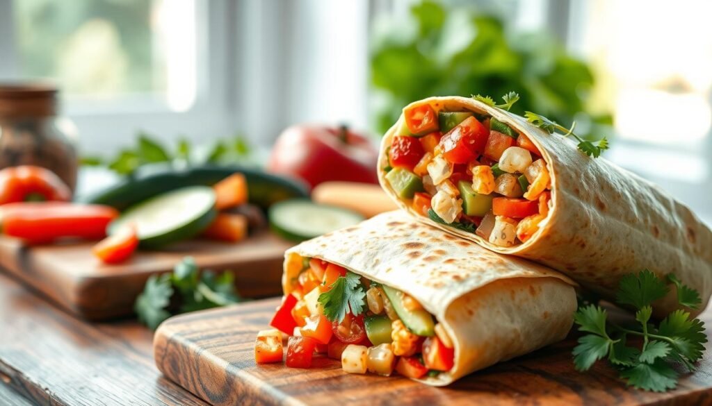 Breakfast burrito filled with fresh vegetables Breakfast burrito filled with fresh vegetables