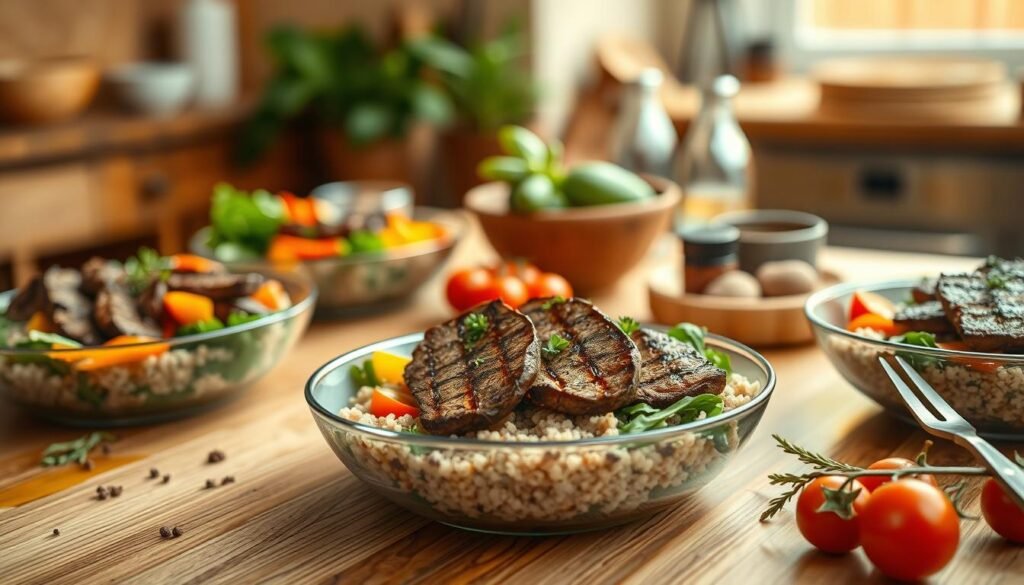 Healthy Beef Dinner Bowls with fresh vegetable sides