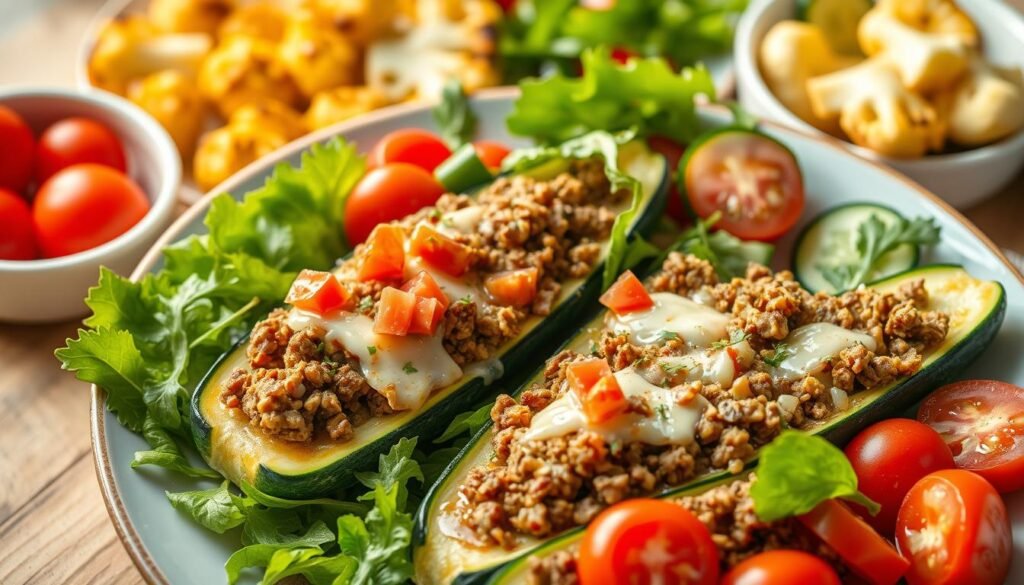 Healthy Beef Zucchini Boats served with salad and roasted cauliflower Healthy Beef Zucchini Boats served with salad and roasted cauliflower