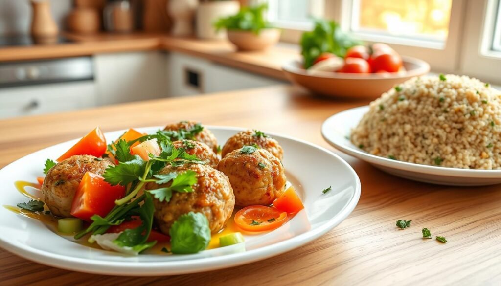 Healthy Chicken Meatballs served with salad and quinoa Healthy Chicken Meatballs served with salad and quinoa