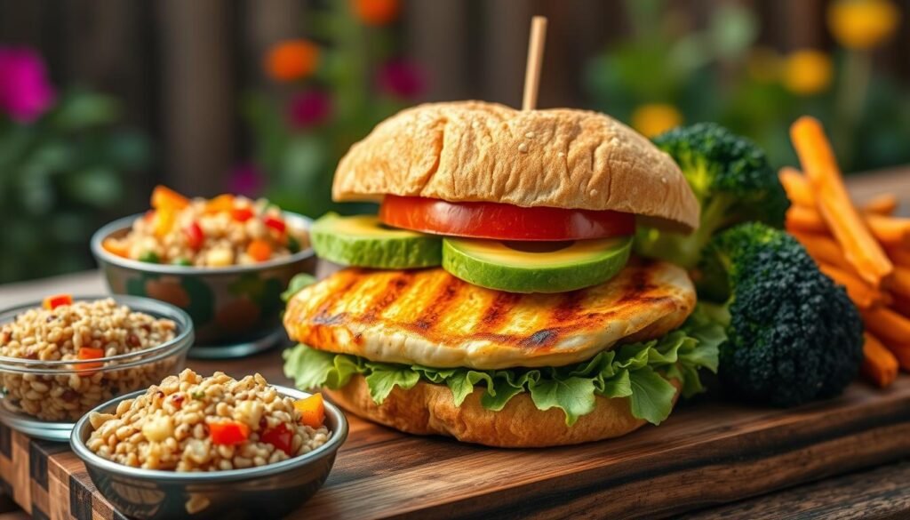 Healthy Chicken Sandwich with nutritious sides Healthy Chicken Sandwich with nutritious sides