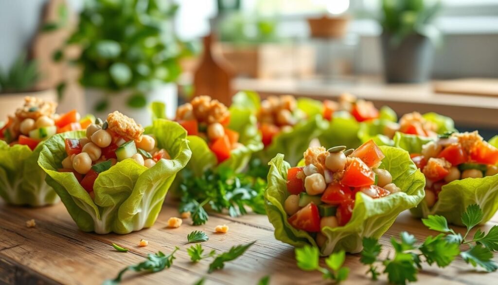 Healthy Chickpea Salad Cups with fresh vegetables and crunchy salad toppings