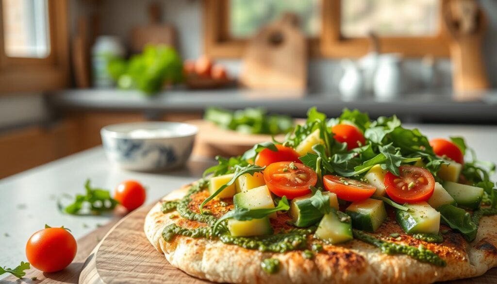Healthy Veggie Flatbread with fresh vegetable toppings Healthy Veggie Flatbread with fresh vegetable toppings