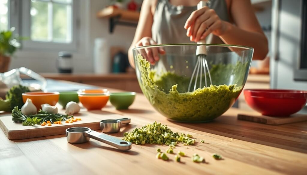 Mixing batter for Healthy Broccoli Bites Mixing batter for Healthy Broccoli Bites