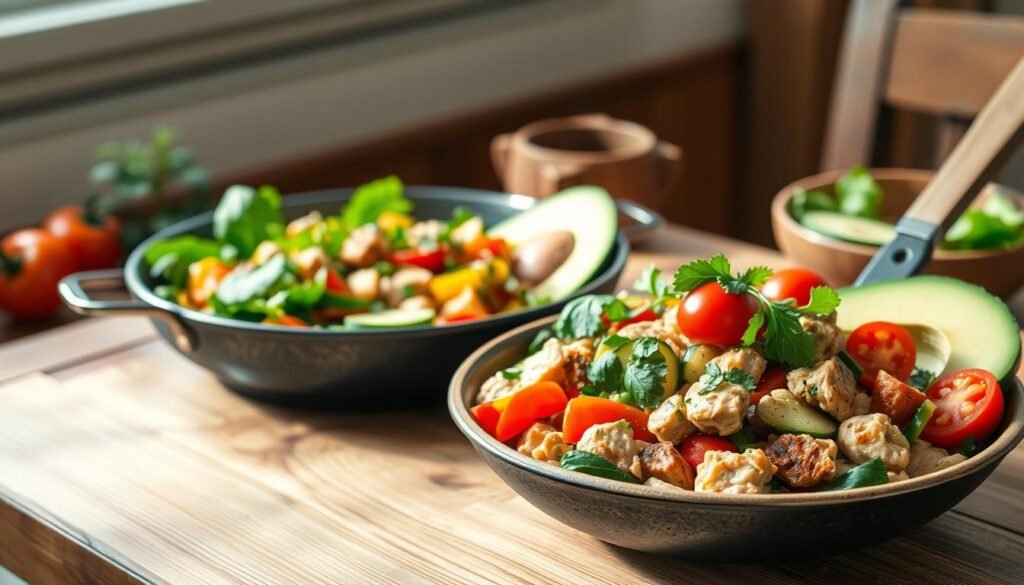 healthy dinner with chicken veggie skillet and salad
